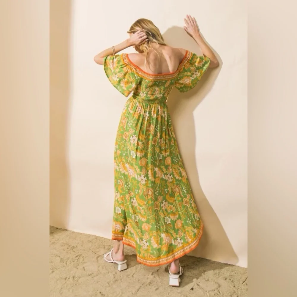 Off Shoulder Tropical Print Floral Smocked Maxi Dress - Picture 3 of 8